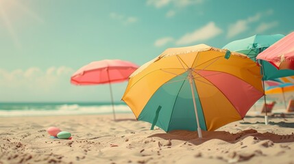 A beach scene with colorful umbrellas on the sand