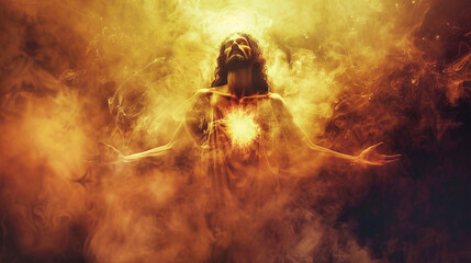Fototapeta premium A dramatic depiction of Jesus Christ enveloped in golden smoke, with a radiant light emanating from his heart