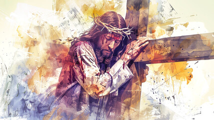 A watercolor painting depicting Jesus Christ carrying the cross on his way to his crucifixion