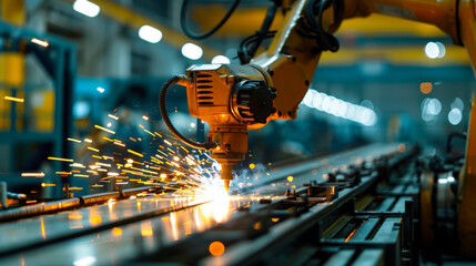 Industrial Robot Arm Welding Metal Components. an industrial robot arm welding metal components in a factory. The image highlights advanced manufacturing technology and automation.