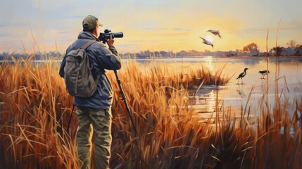 A birdwatcher with binoculars observes a colorful bird in the wetlands at sunset. Ideal for nature, wildlife, and outdoor activity promotions