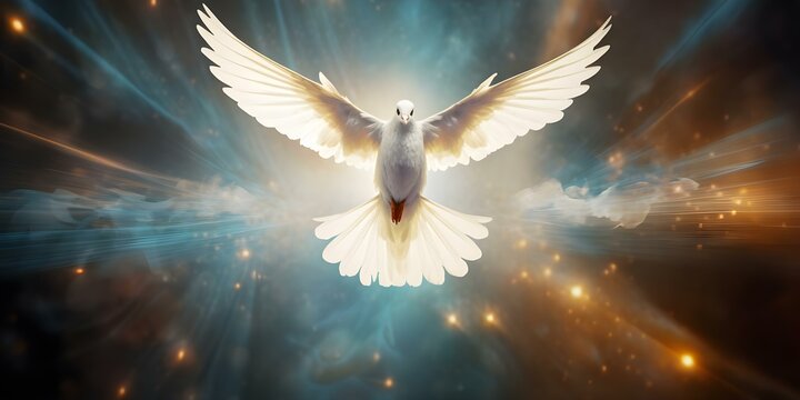 Artistic depiction of Holy Spirit as a luminous dove in celestial setting. Concept Religious Art, Holy Spirit Symbolism, Luminous Dove, Celestial Setting, Artistic Depiction