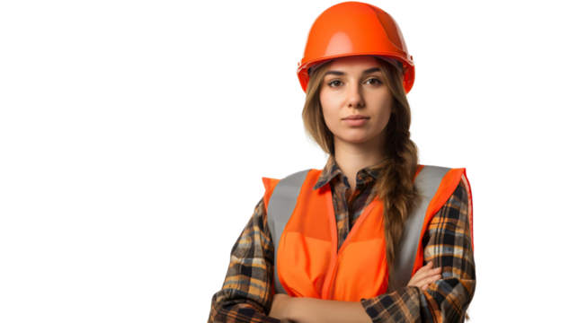 Young woman wearing orange vest and protective hard hat or helmet, crossed arms and smile portrait, looking at the camera, isolated on transparent background. Engineer construction business manager