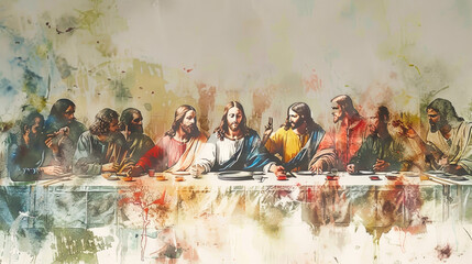 A painting depicting Jesus and his disciples gathered around a table for the Last Supper, with a sense of foreboding and anticipation in the air