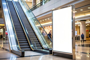 Escalator Side Panel Signage Mockup with blank white copy space on blured shopping mall background 