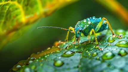 Naklejka premium Colorful water drop on the insect under the leaf