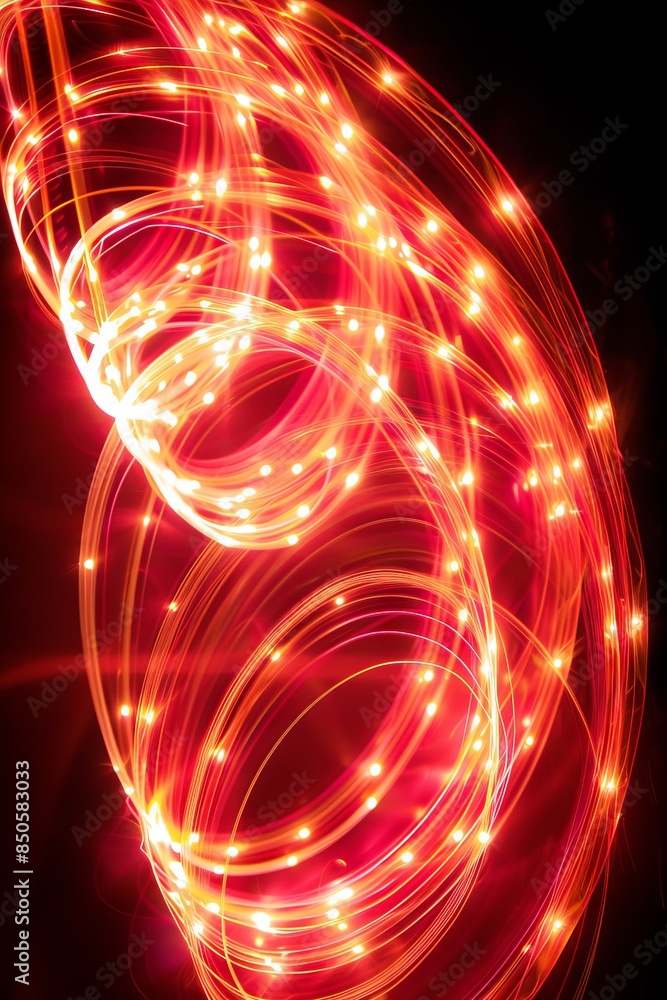 Poster glowing red lines on a black background, creating spiral and wavy patterns.