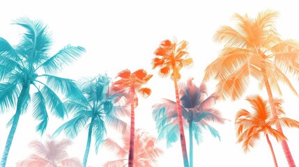 Tropical palm trees, colorful palm trees on a white background, beach and vacation
