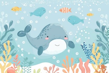 Cheerful Underwater Cartoon Friends: Dolphins, Fishes, and Bubbles Illustration