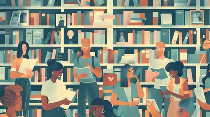 1. Showcase the power of knowledge dissemination with an image depicting a diverse group of people gathered around a library or digital device, eagerly absorbing information from books, screens, or