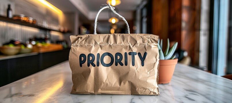 Brown envelope marked  priority  positioned on a white table, intended for urgent delivery