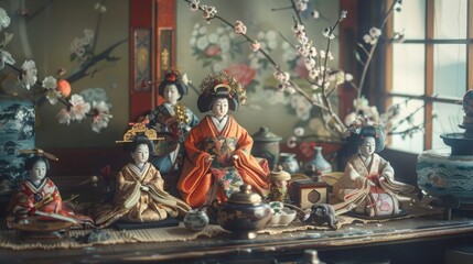 Vintage Hinamatsuri scene featuring antique dolls, aged silk kimonos, and a nostalgic, historical ambiance