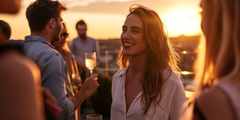 A woman smiles while enjoying a rooftop party at sunset with friends holding drinks and chatting.