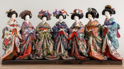 Fototapeta premium Intricate Hinamatsuri dolls with detailed handpainted faces, vibrant kimonos, and traditional hair ornaments