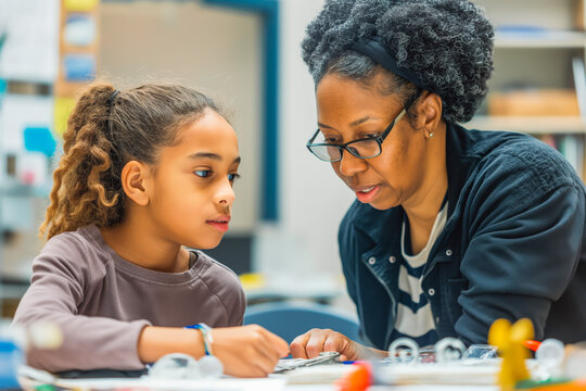 A teacher guiding a student through a collaborative project.