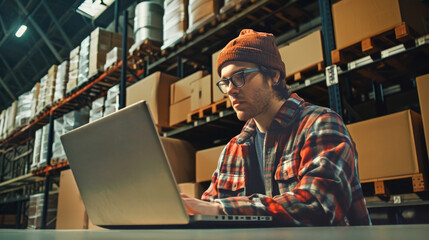 A warehouse worker sits at a table, illuminated by overhead lights, working on a laptop computer. The worker is surrounded by towering shelves stocked with boxes and pallets
