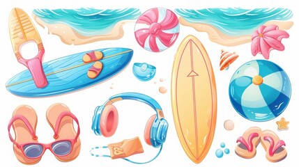 Vector elements for summer theme: surfboard, beach ball, flip flops and sunglasses.