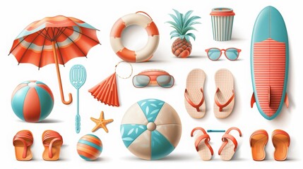 Summer vector elements, surfboard, beach ball, flip flops and sunglasses, summer vector illustration collection.