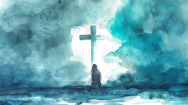 A watercolour painting of a woman sitting in a church, looking up at a cross with a bright light behind it