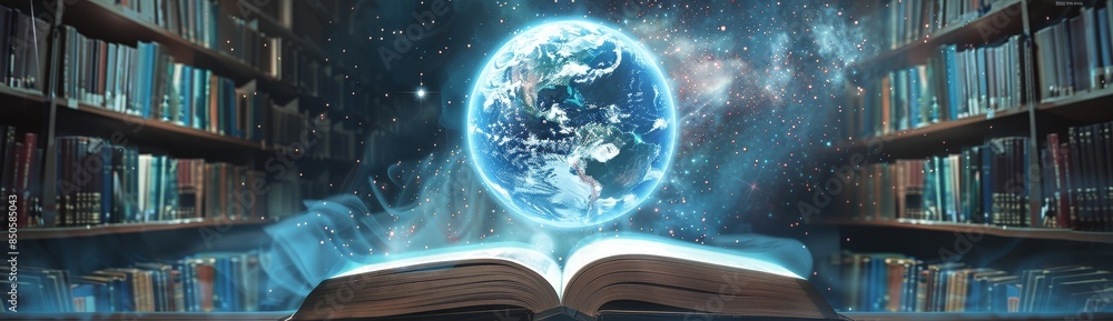 Poster open book projecting earth hologram in library - an enchanting scene displaying an open book project