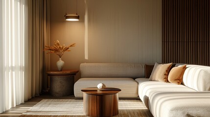 living room with sofa and rounded table