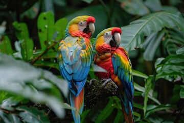 Fototapeta premium A pair of colorful parrots perched on a branch in a tropical rainforest, surrounded by lush green foliage