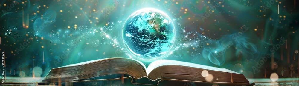 Poster book with glowing planet on dark shelf - an open book on a dark shelf radiating light with a glowing