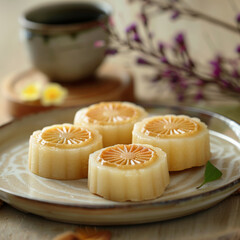 chinese traditional moon cake on plate in chinese style wooden table, Mid-Autumn Festival photo