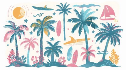 Summer palm trees, tropical illustrations, tropical surfing concept, surfboards, vacation and travel, palm trees and boards