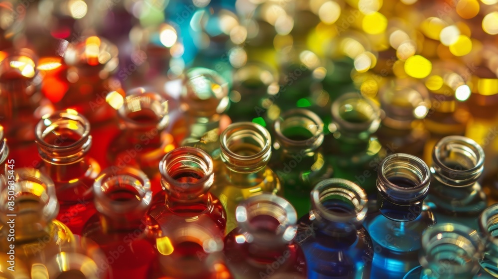 Poster defocused containers of various oils tered across a table creating a colorful mosaic of scents.