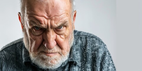 Obraz premium Angry Senior Man with Psychological Issues Looking at Camera on White Background，Mental illness, bad temper, weak self-control, unhealthy diet, high-definition wallpapers, backgrounds, generated by A 