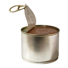 an open can with drops of condensate. canned meat, fish, pate.