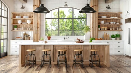 A large kitchen with a wooden island and a wine cooler
