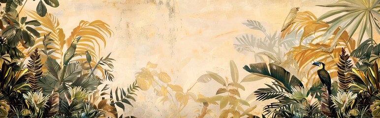 Modern wallpaper. Watercolor jungle illustration. Crane bird elements, watercolor painting wallpaper. Mural wallpaper. AI generated illustration