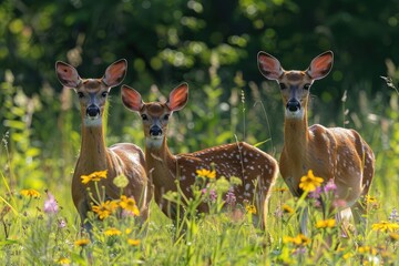 Fototapeta premium A family of deer grazing in a sunlit meadow, surrounded by tall grass and wildflowers