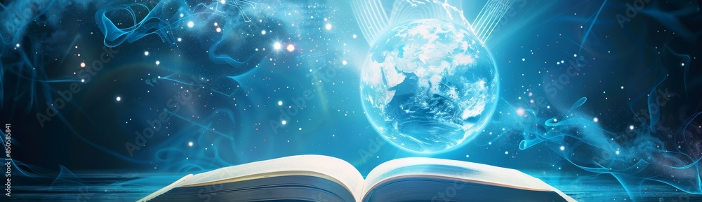 Aufkleber book with earth projection and light particles - conceptual image of a book with a glowing earth pro