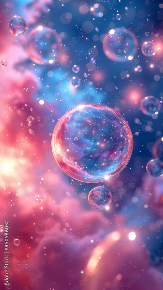 Poster sparkling bubbles in cosmic setting - fantastical bubbles float through a colorful, interstellar env