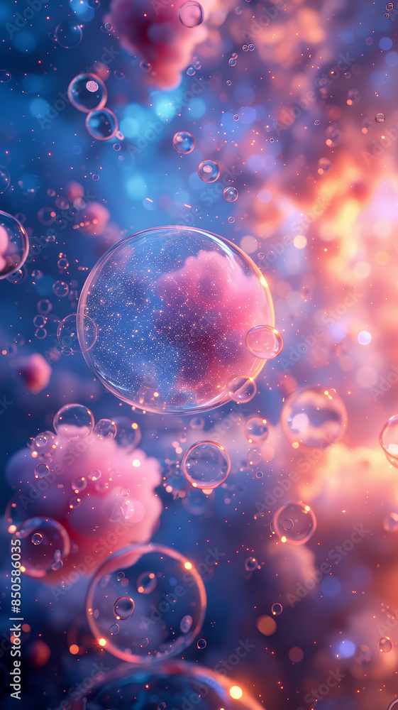 Poster cosmic bubbles floating in space - ethereal image of translucent bubbles with a cosmic, star-filled 