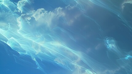 Close-up of noctilucent clouds, dappled sunlight, wispy and glowing with a faint bluish tint. 