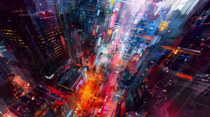 Fototapeta premium Dynamic aerial view of a bustling cityscape at night, featuring vibrant lights and modern skyscrapers in a futuristic urban setting.