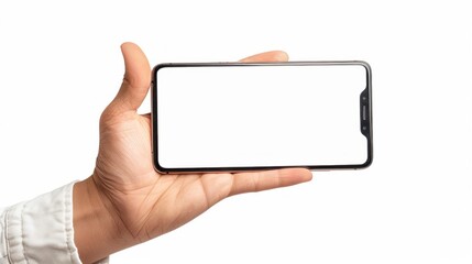 A hand holding a phone with a white background