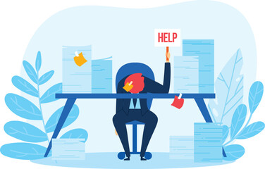 Businessman overwhelmed work holding HELP sign. Cartoon character under stress due excessive tasks. Flat design office worker trouble workload