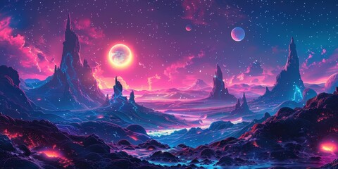 Fototapeta premium A Fantasy Landscape Under A Crimson Sky