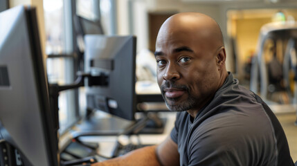 A middle-aged African American man sitting at his workstation in an office, looking towards the camera