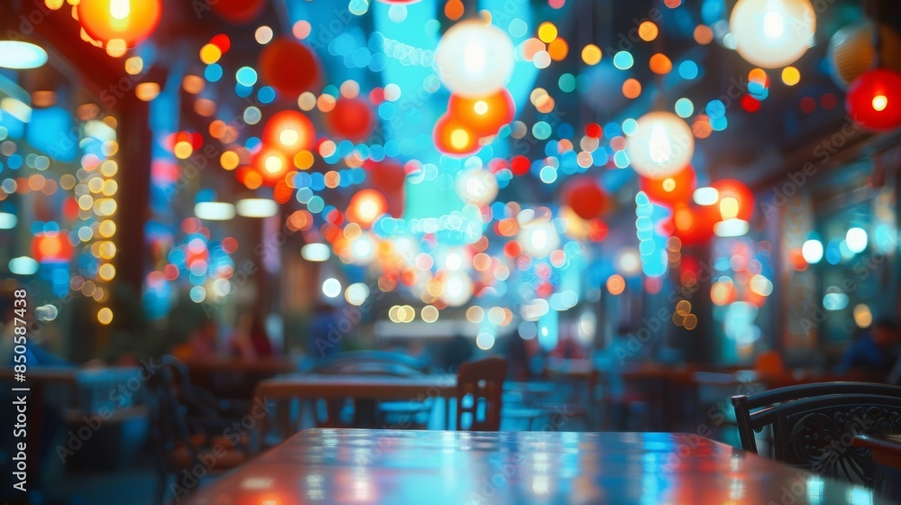 Poster diners can be seen in abstract forms surrounded by colorful blurred lights and dã©cor.