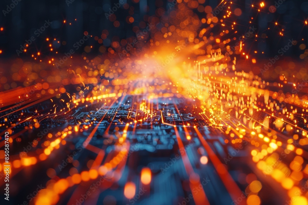 Poster detailed hyper realistic close up of glowing computer chip circuitry in intricate design