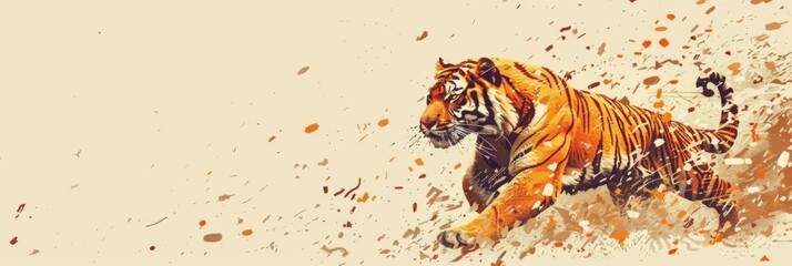 Horizontal banner. International tiger day. Majestic beautiful tiger rushes forward, beige background. Wildlife conservation concept. Environmental protection, animal protection. Free space for text