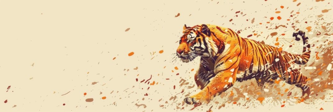 Horizontal banner. International tiger day. Majestic beautiful tiger rushes forward, beige background. Wildlife conservation concept. Environmental protection, animal protection. Free space for text