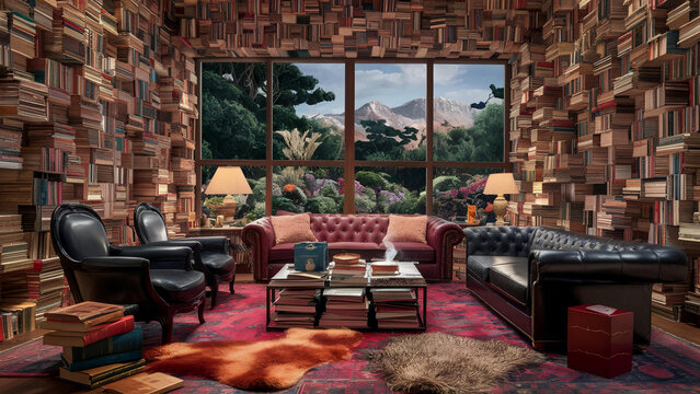 living room with a stunning visual illusion with walls that seem to be made of books