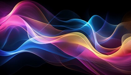 Naklejka premium IIntricately flowing pink blue yellow waves on black background. Smooth curvy shape fluid background. Transparent smooth wave. Colored smoke whiffs and swirls. AI generative